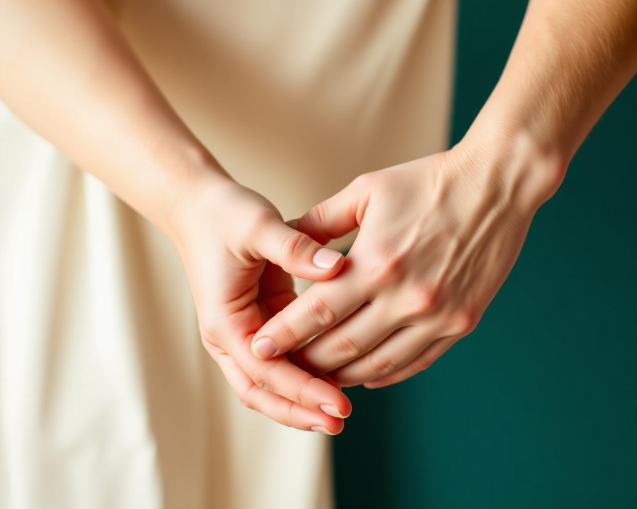 Two people's hands gently clasped in a supportive conversation