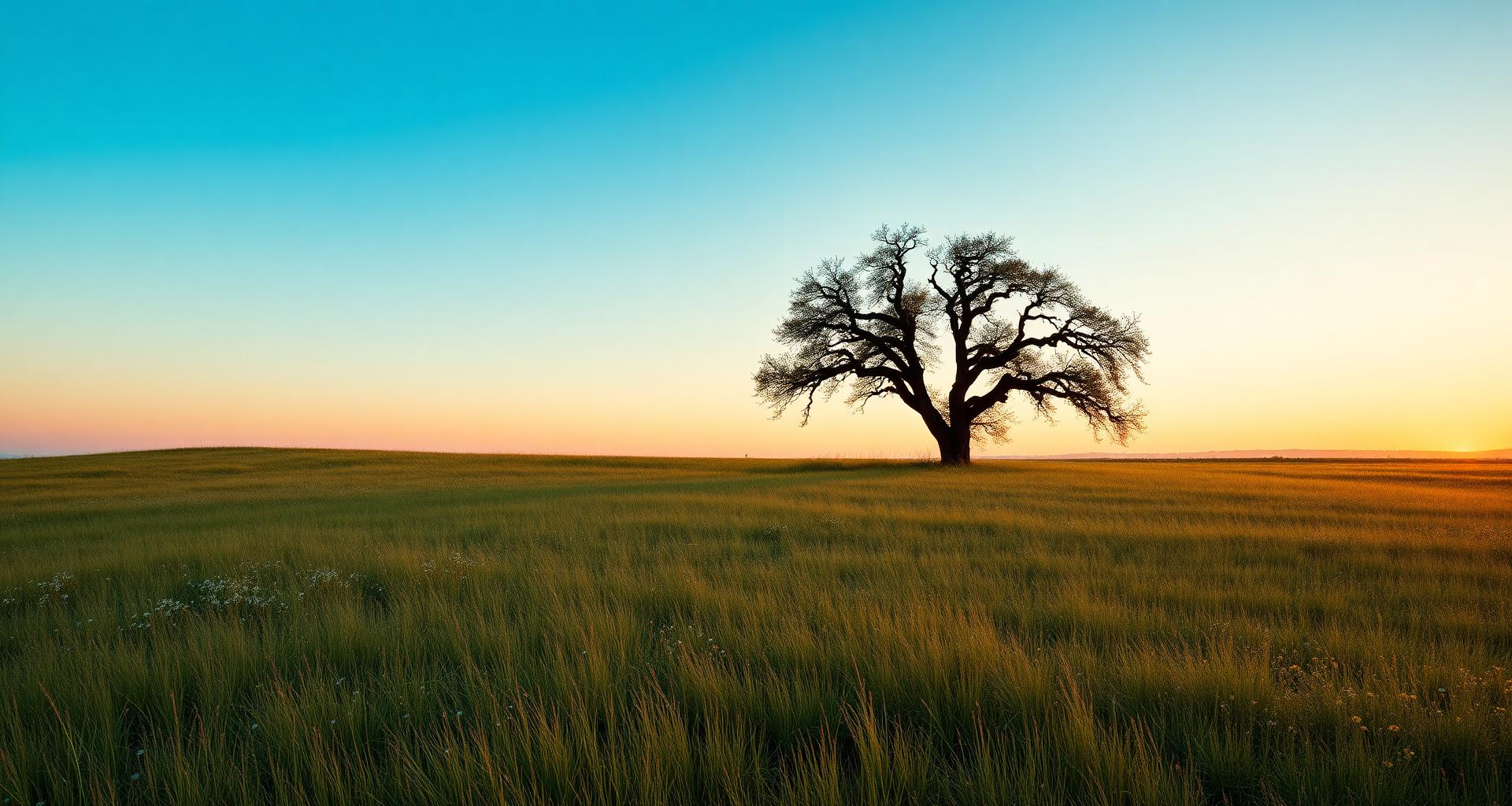A single oak tree at sunrise over a wildflower meadow in North Texas