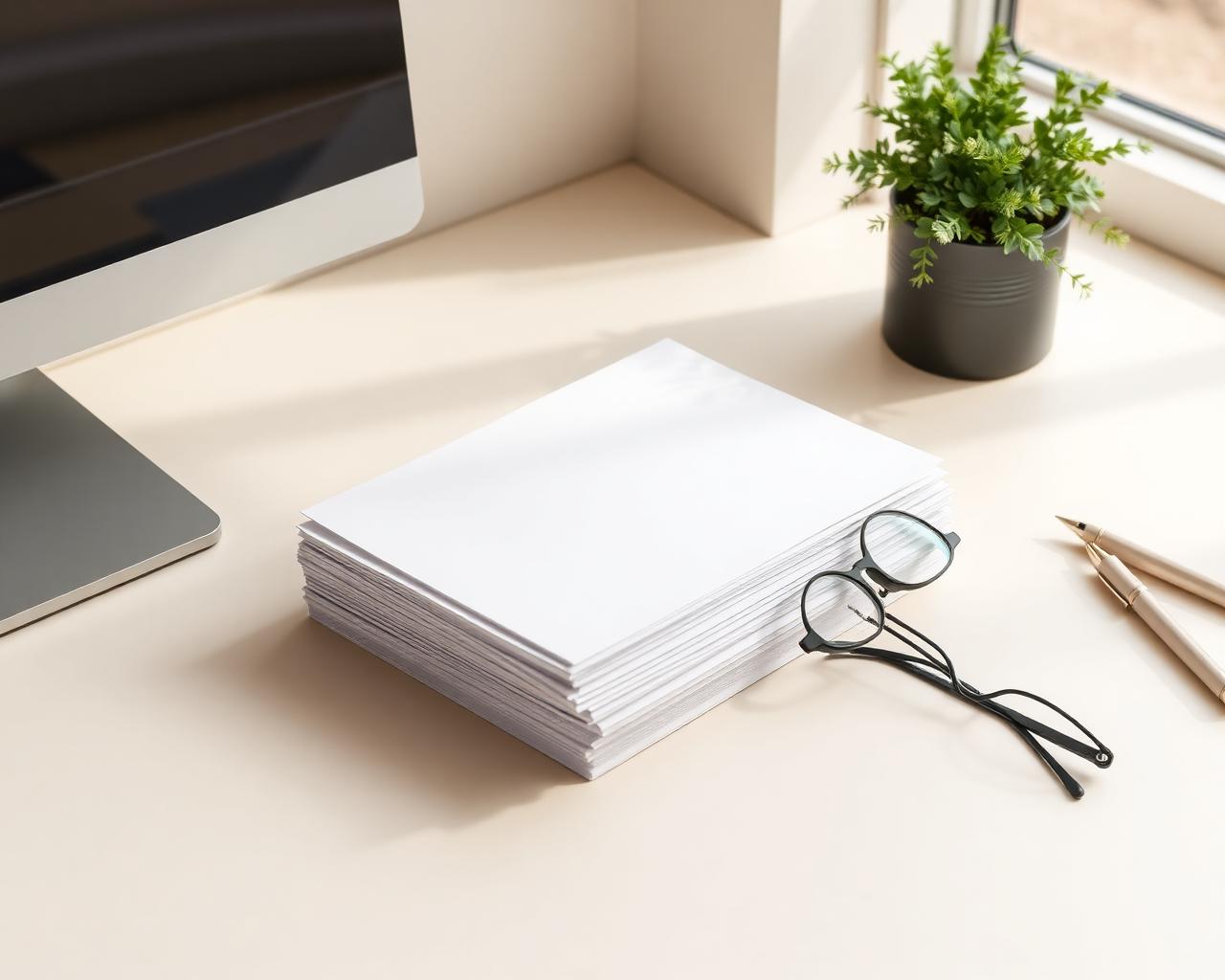 A calm desk with a stack of paperwork, reading glasses, and a plant
