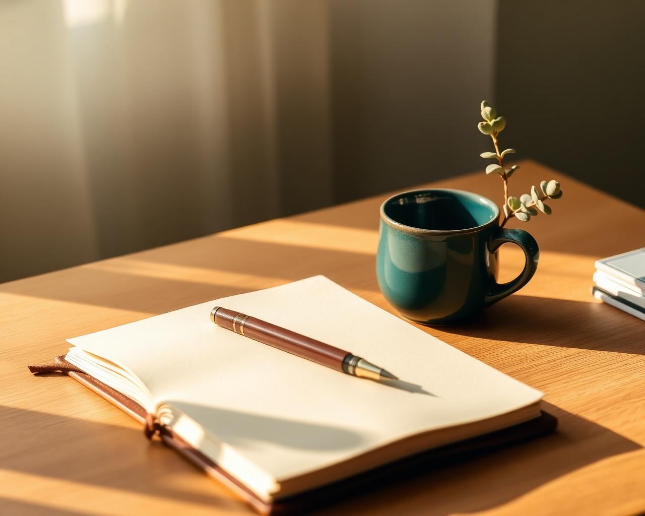 An open journal, pen, and mug on a warm desk — a calm space to reach out